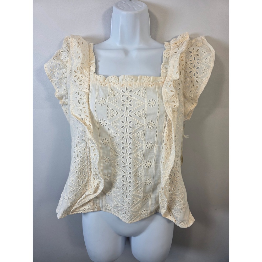 Spartina 449 Taralynn Eyelet Top Pearl White Ruffle Flutter Sleeve Cotton M NEW